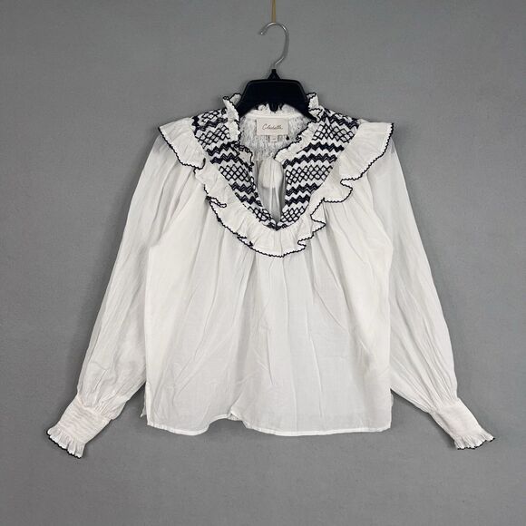 Cleobella Tops - Cleobella Blouse Womens XS White Wendy Top Ruffle Smocked Boho Organic Cotton